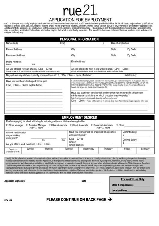 Rue21 Application Form For Employment printable pdf download