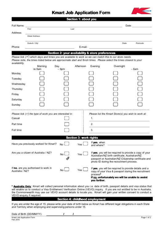 Kmart Job Application Form Printable pdf