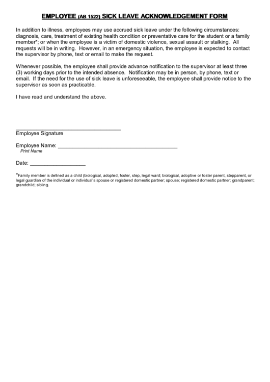 Fillable Employee (Ab 1522) Sick Leave Acknowledgement Form Printable pdf