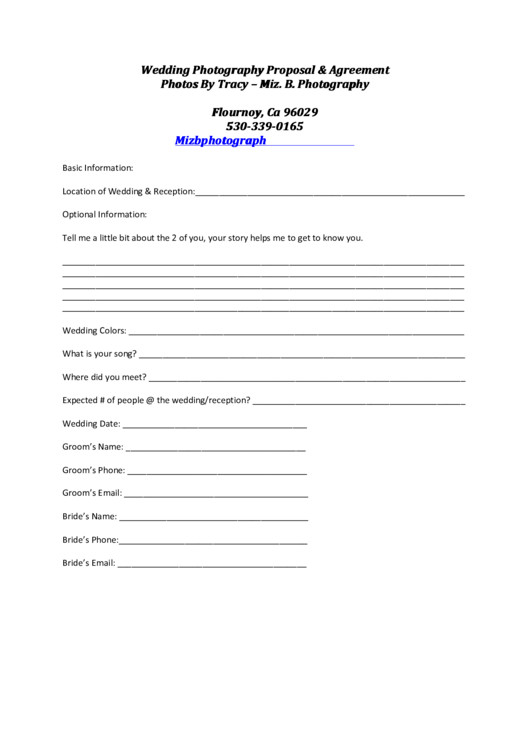 Fillable Wedding Photography Proposal & Agreement Printable pdf
