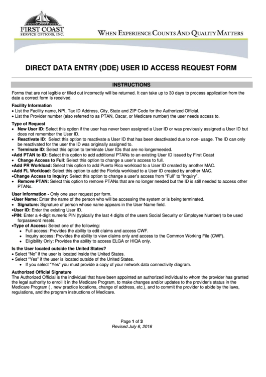 Fillable Direct Data Entry (Dde) User Id Access Request Form Printable pdf