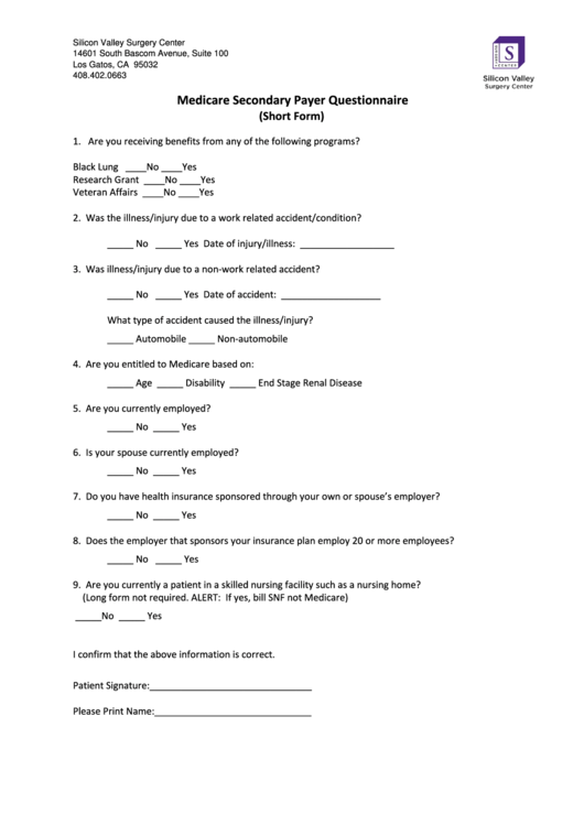 Medicare Secondary Payer Questionnaire (Short Form) Printable pdf