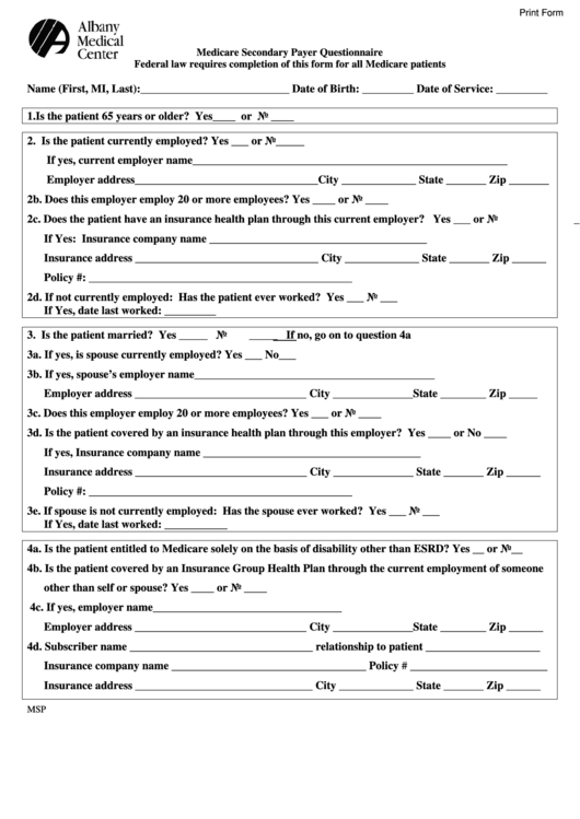 Fillable Medicare Secondary Payer Questionnaire Federal Law Requires Completion Of This Form For All Medicare Patients Printable pdf