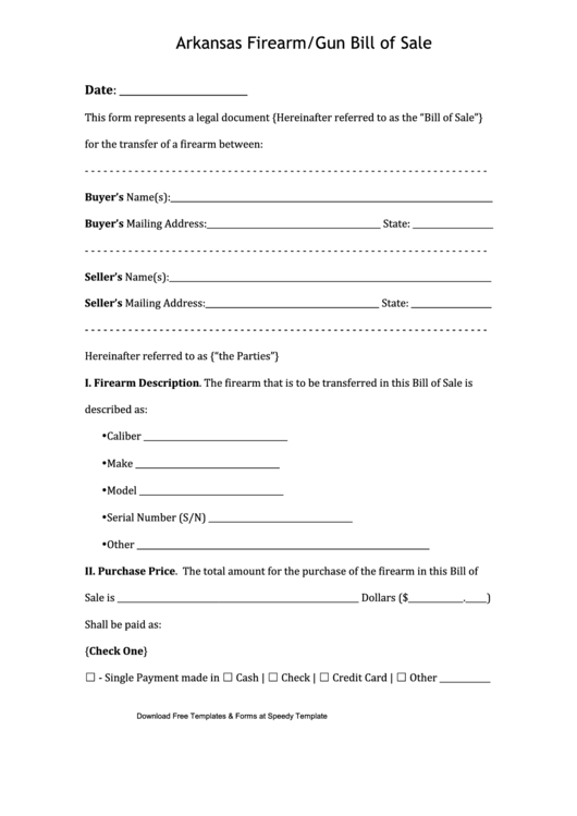 Fillable Arkansas Firearm/gun Bill Of Sale Form Printable pdf