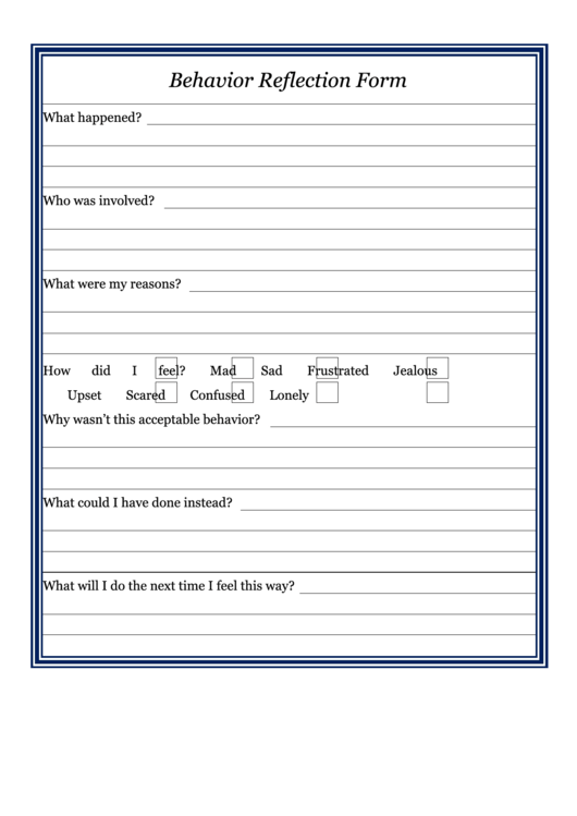 Behaviour Reflection Form Printable pdf