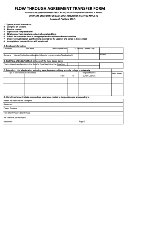 Flow Through Agreement Transfer Form Printable pdf
