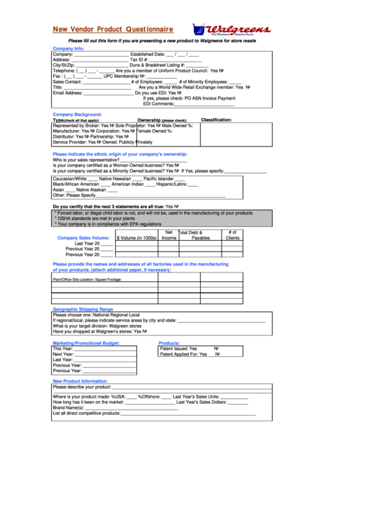 Fillable New Vendor Product Questionnaire Template Printable pdf