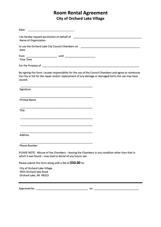 Fillable Room Rental Agreement Form - City Of Orchard Lake Village Printable pdf