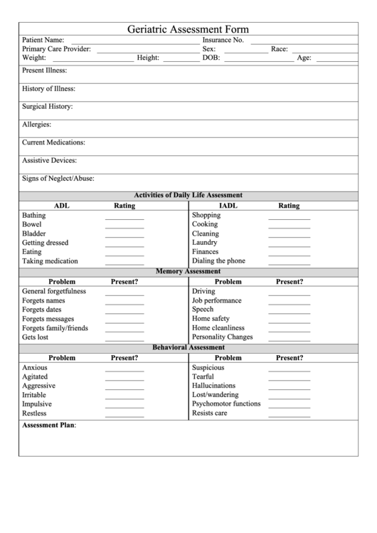 Geriatric Assessment Form Printable pdf