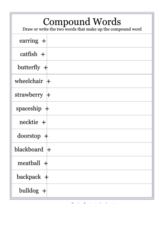 Compound Word List Printable pdf