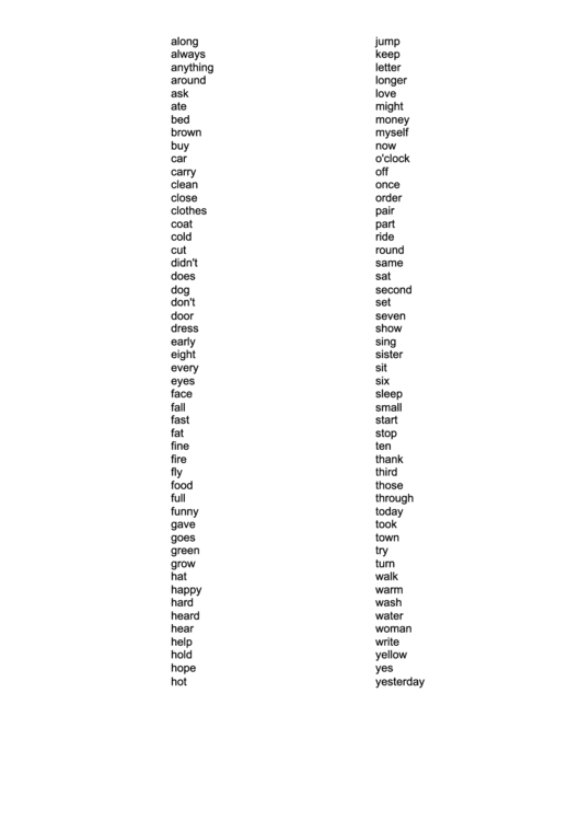 Simple Sight Words List