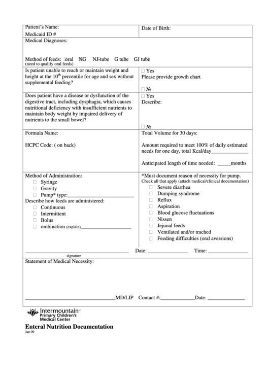 Enteral Nutrition Documentation Printable pdf