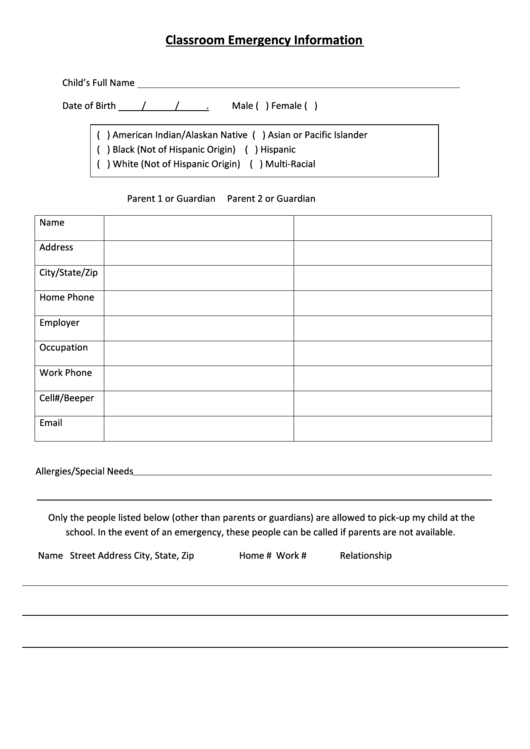 Classroom Emergency Information Printable pdf