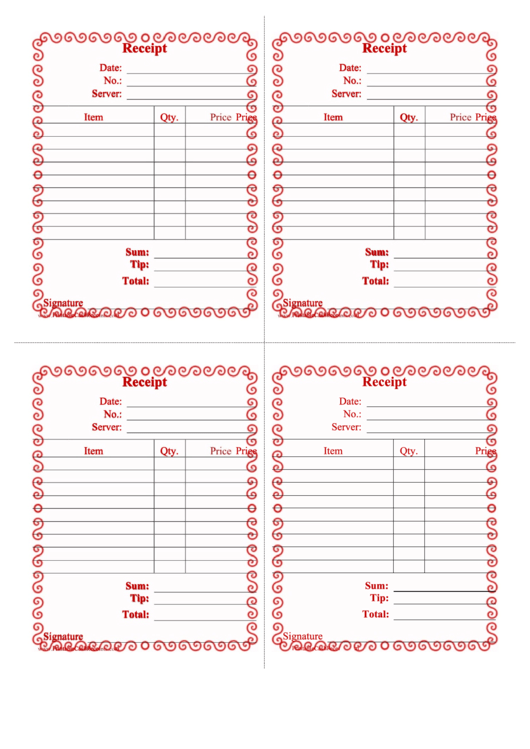 Restaurant Cash Receipt Template - Red Border Printable pdf