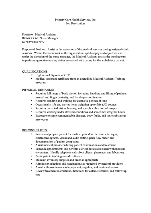 Primary Care Health Services, Inc. Job Description Printable pdf
