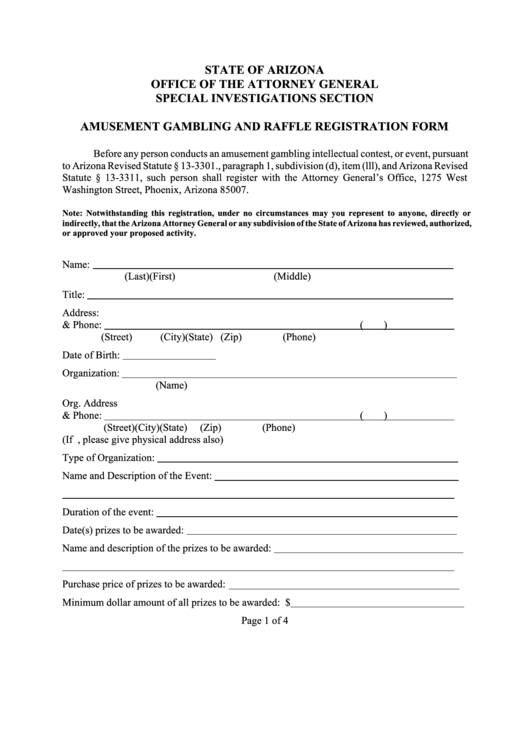 Amusement Gambling And Raffle Registration Form Printable pdf
