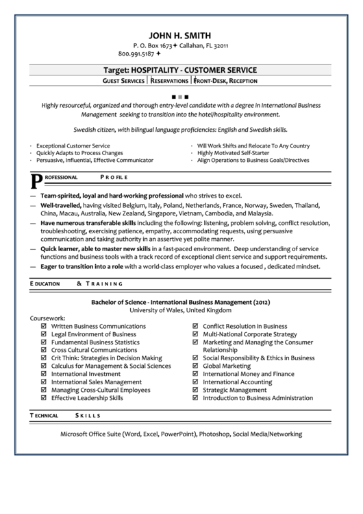 Customer Service Resume Template Printable pdf