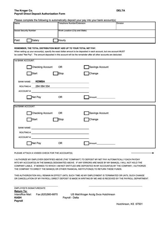 The Kroger Co. Delta Payroll Direct Deposit Authorization Form Printable pdf