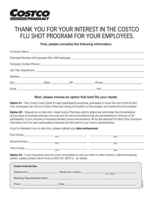Costco Flu Shot Program Form Printable pdf