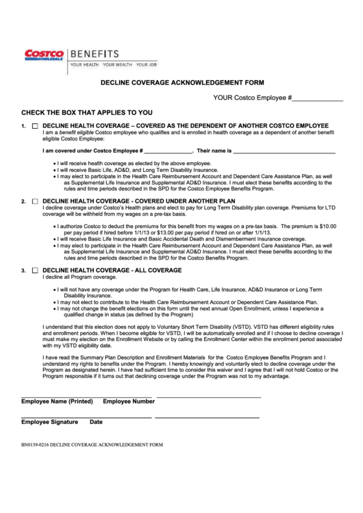 Form Bn0139-0216 - Decline Coverage Acknowledgement Form Printable pdf