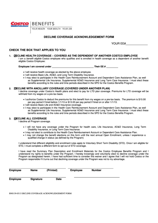 Form Bn0139-0513 - Decline Coverage Acknowledgement Form Printable pdf