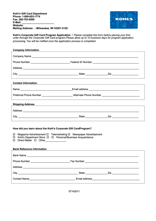Kohl's Corporate Gift Card Program Application Form