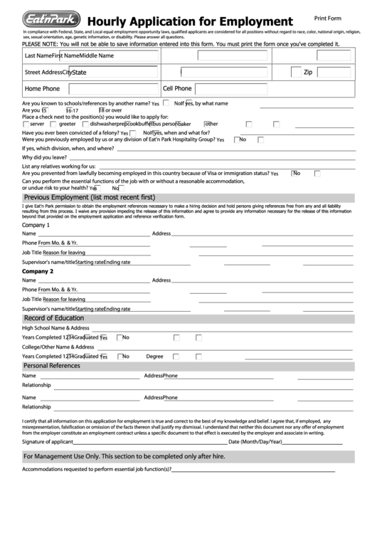Fillable Hourly Application For Employment Printable pdf