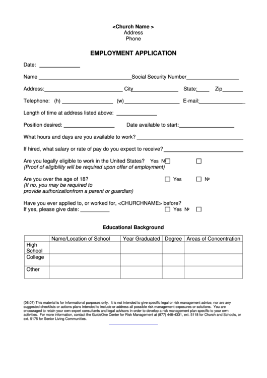 Employment Application Form Printable pdf