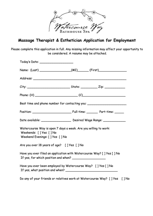 Massage Therapist & Esthetician Application For Employment Printable pdf