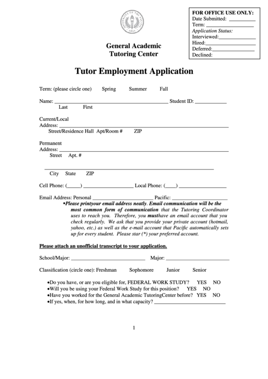 Tutor Employment Application Printable pdf