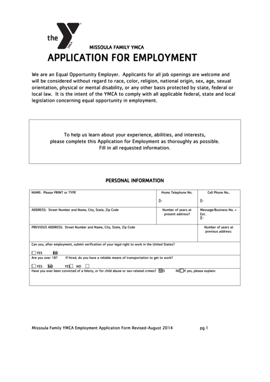 Application For Employment - Ymca Printable pdf