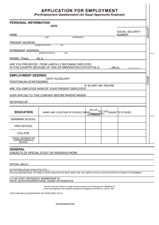Application For Employment Form (Pre-Employment Questionnaire) Printable pdf