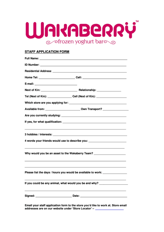 Staff Application Form Printable pdf