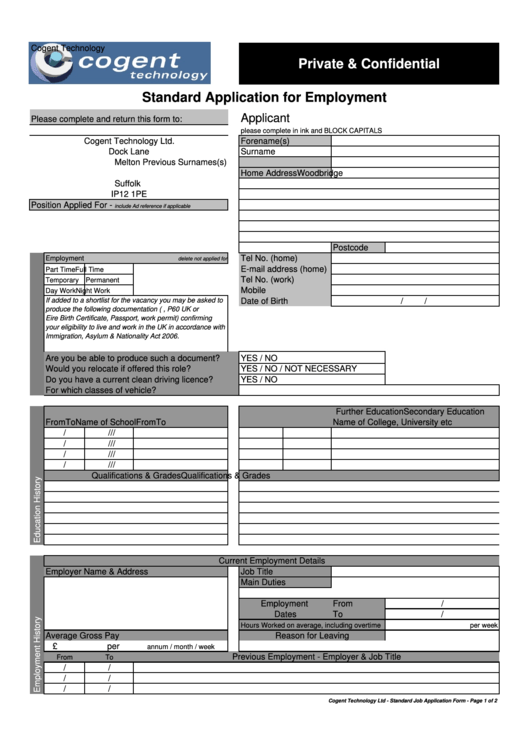 Standard Application For Employment Printable pdf