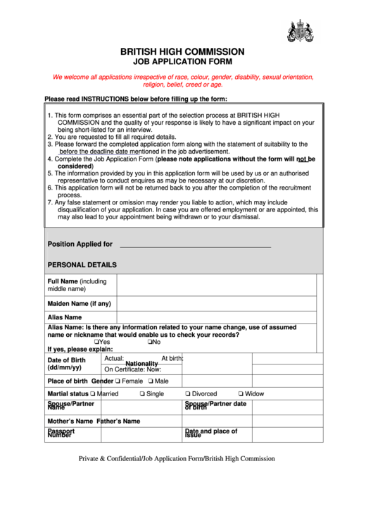 British High Commission Job Application Form Printable pdf