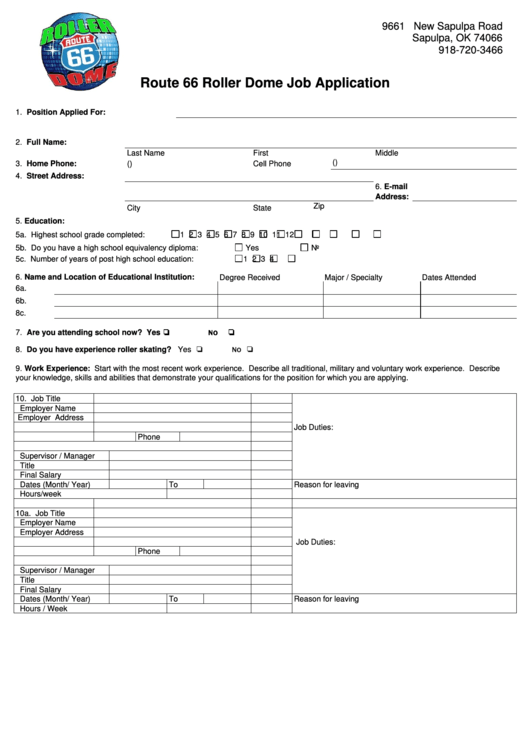 Route 66 Roller Dome Job Application Form Printable pdf
