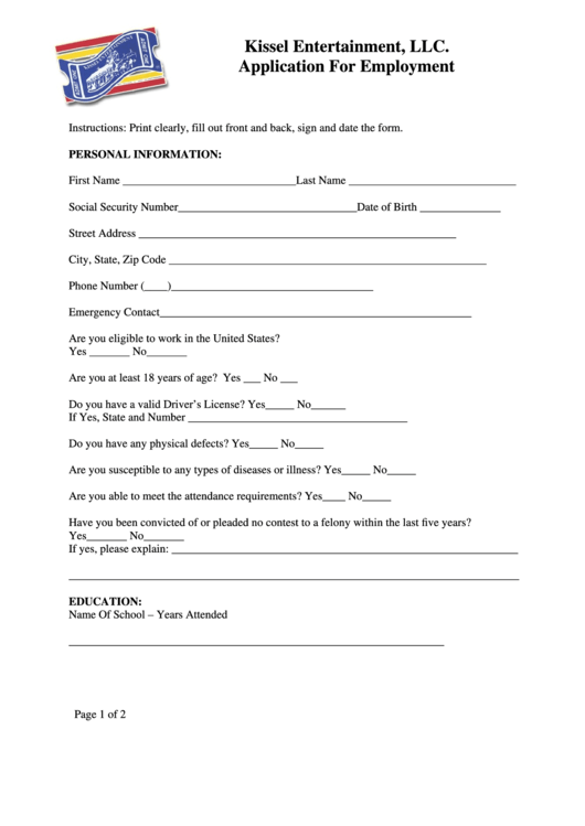 Application For Employment Printable pdf