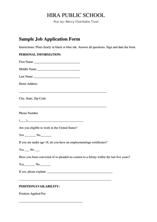 Sample Job Application Form Printable pdf