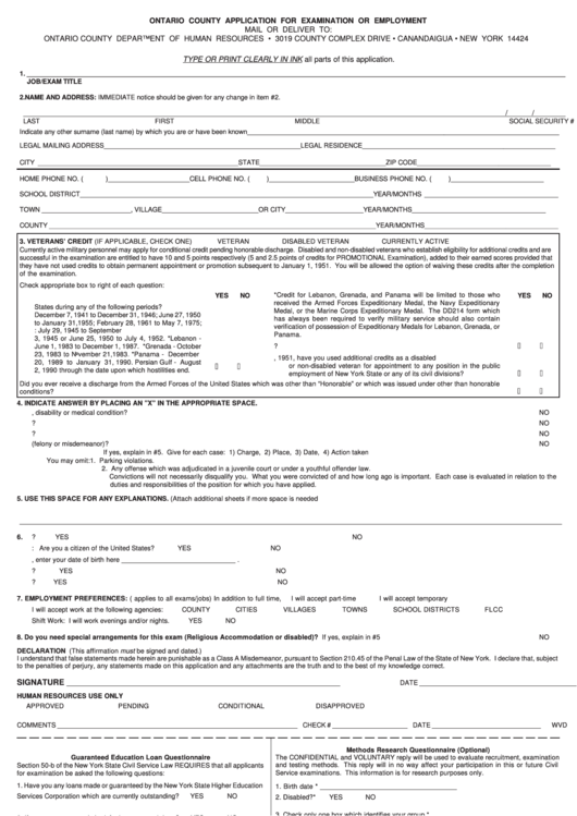 Fillable Application For Examination Or Employment Form (Ontario County) Printable pdf