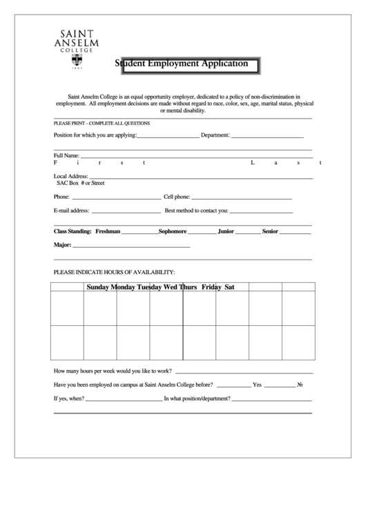 Student Employment Application Printable pdf