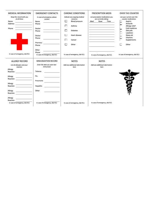 Wallet-Sized Medical Information Card Printable pdf
