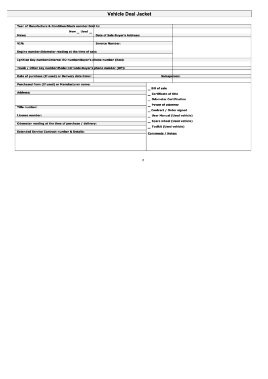 Vehicle Deal Information Sheet Printable pdf