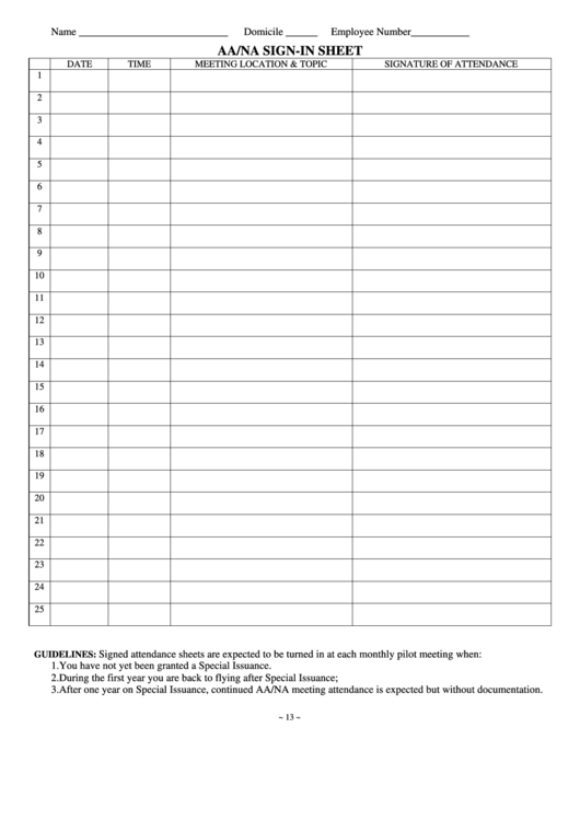 Aa/na Sign-In Sheet Template Printable pdf