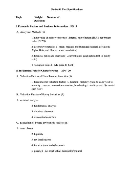 Series 66 Test Specifications Sheet Printable pdf