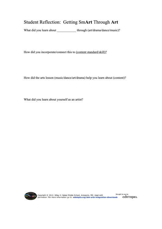 Student Reflection Sheet - Getting Smart Through Art Printable pdf