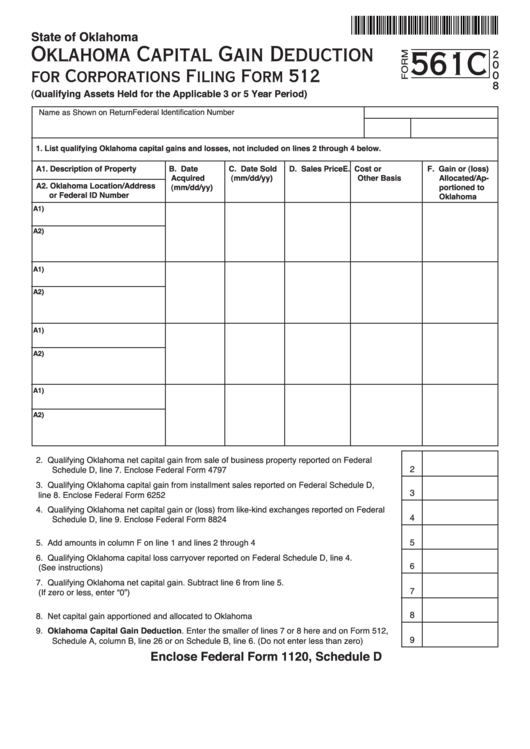 Fillable Form 561 C - Oklahoma Capital Gain Deduction For Corporations Filing Form 512 - 2008 Printable pdf