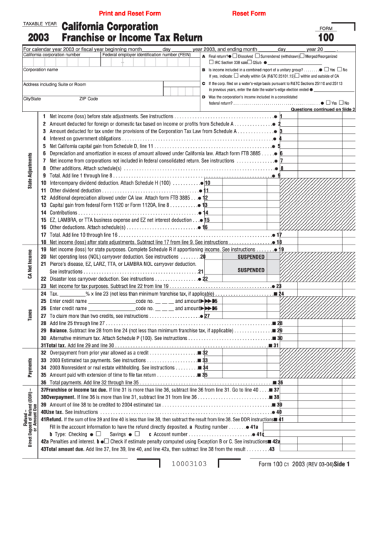 Fillable Form 100 - California Corporation Franchise Or Income Tax Return - 2003 Printable pdf