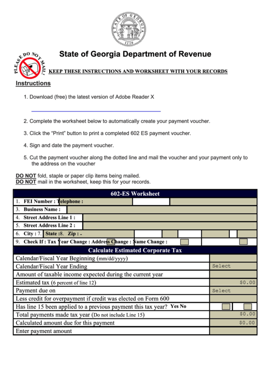 Fillable Form 602 Es - Corporate Estimated Tax - Georgia Department Of Revenue - 2011 Printable pdf
