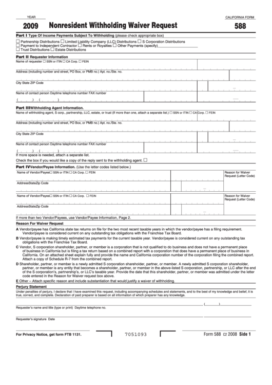Fillable California Form 588 - Nonresident Withholding Waiver Request - 2009 Printable pdf