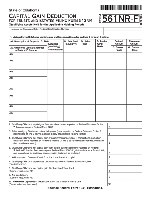 Fillable Form 561nr-F - Capital Gain Deduction For Trusts And Estates - 2008 Printable pdf